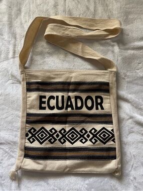 Canvas Messenger Bag in Cream and Black with Ecuador Accent